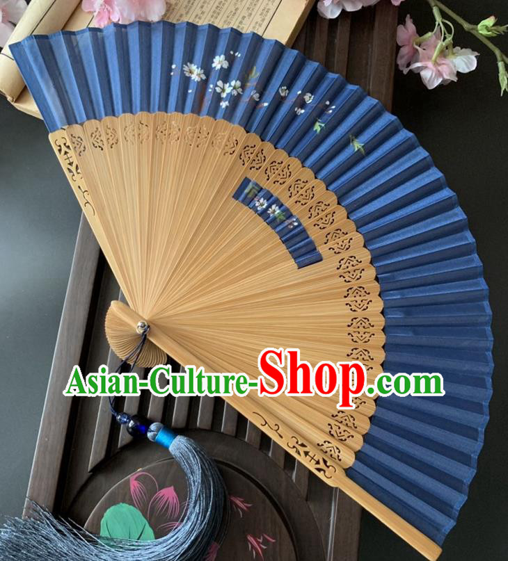 Chinese Printing Sakura Folding Fan Handmade Hollowed Bamboo Fan Classical Dance Royalblue Silk Accordion