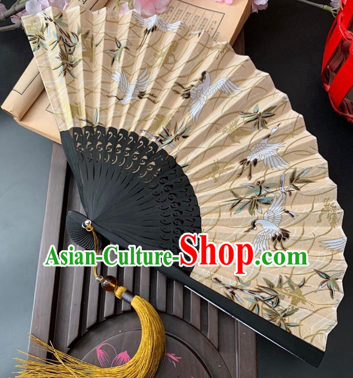 Japan Handmade Bamboo Fan Classical Dance Beige Silk Accordion Printing Cranes Folding Fan