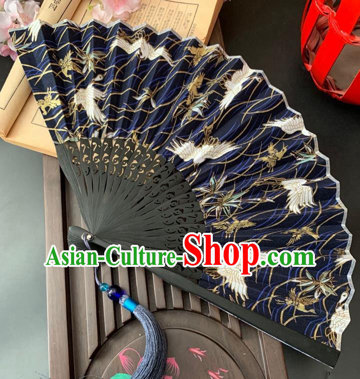 Japan Printing Cranes Folding Fan Handmade Bamboo Fan Classical Dance Navy Blue Silk Accordion
