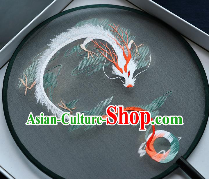 China Handmade Green Silk Fan Classical Dance Circular Fan Traditional Embroidered Dragon Palace Fan