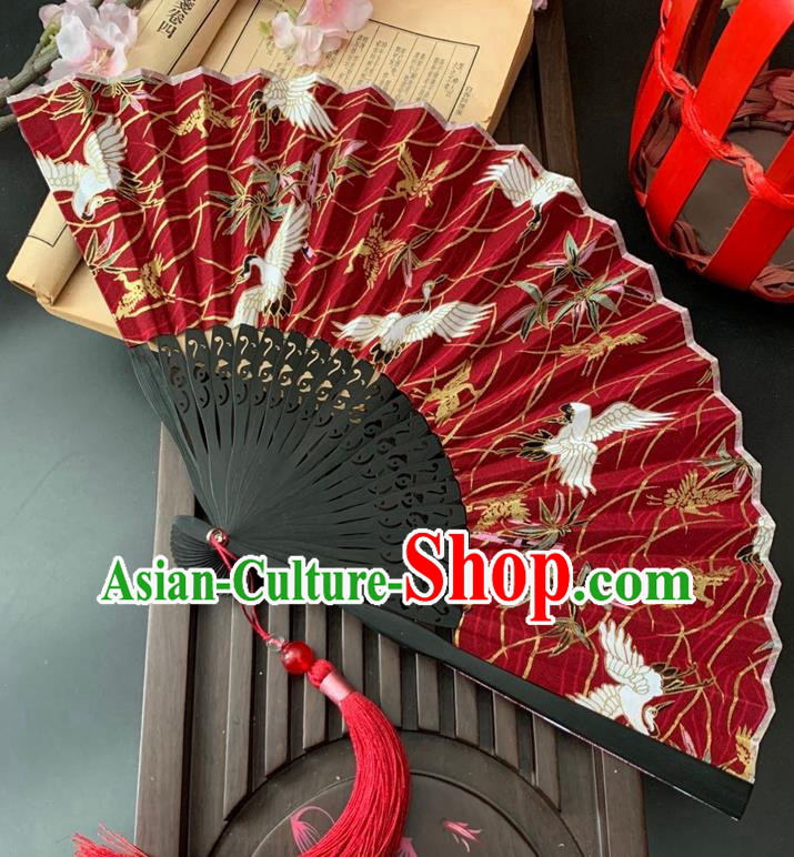 Japan Classical Dance Red Silk Accordion Printing Cranes Folding Fan Handmade Bamboo Fan