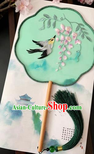 China Handmade Light Green Silk Fan Ancient Princess Palace Fan Traditional Classical Embroidered Wisteria Fan