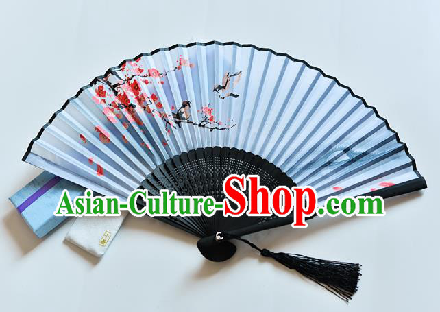 Handmade Chinese Classical Dance Accordion Printing Plum Blossom Bird Folding Fan Blue Silk Fans