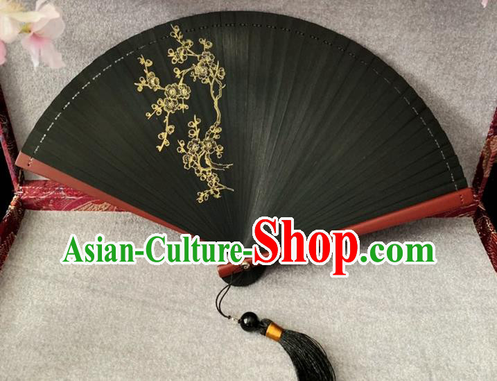 Chinese Handmade Black Bamboo Fan Classical Dance Accordion Printing Plum Blossom Folding Fan