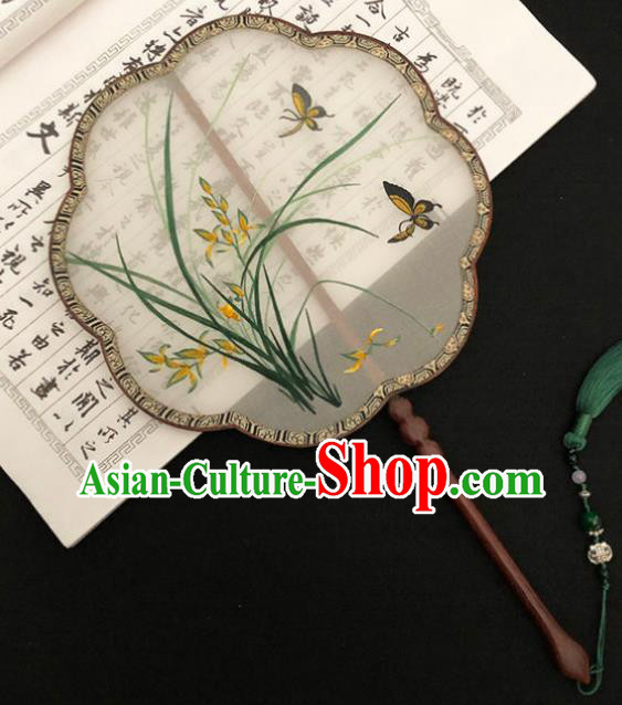 China Classical Dance Silk Fans Handmade Palace Fan Traditional Hanfu Fan Embroidered Orchids Butterfly Fan