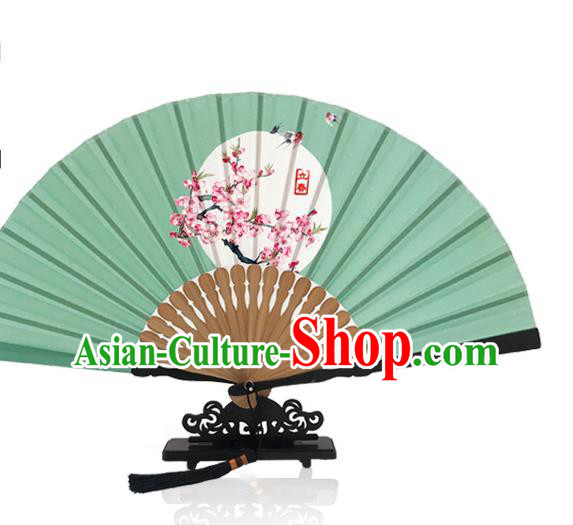 Handmade Chinese Printing Twenty Four Solar Terms Folding Fan Green Silk Fans Classical Dance The Beginning of Spring Accordion