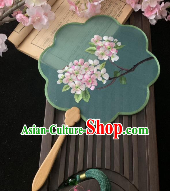 China Classical Embroidered Peach Blossom Fan Handmade Palace Fan Traditional Hanfu Green Silk Fan
