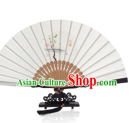 Handmade Slight Heat Accordion Chinese Printing Twenty Four Solar Terms Folding Fan White Silk Fan