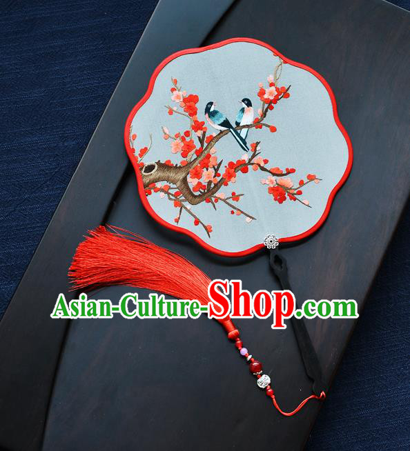 China Classical Dance Fan Traditional Embroidered Red Plum Blossom Palace Fan Handmade Silk Fan