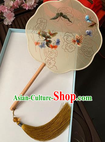 China Handmade Fan Classical Dance Apricot Silk Fan Traditional Double Side Embroidered Butterfly Palace Fan