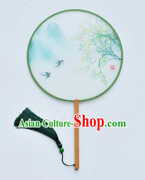 China Handmade Beech Fan Classical Dance Light Green Silk Fan Traditional Printing Swallow Palace Fan
