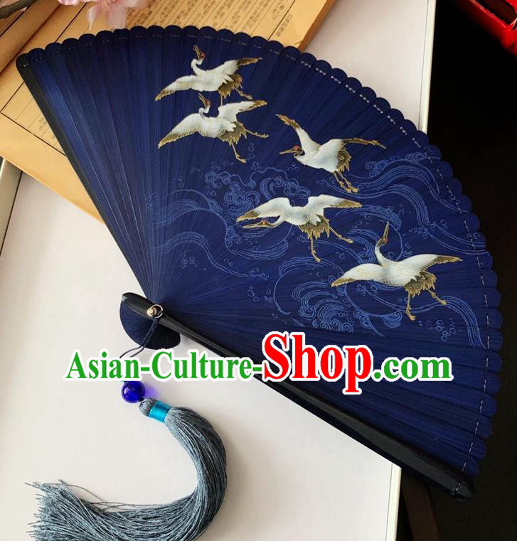 Chinese Handmade Printing Clolud Cranes Accordion Classical Folding Fan Navy Blue Bamboo Fan
