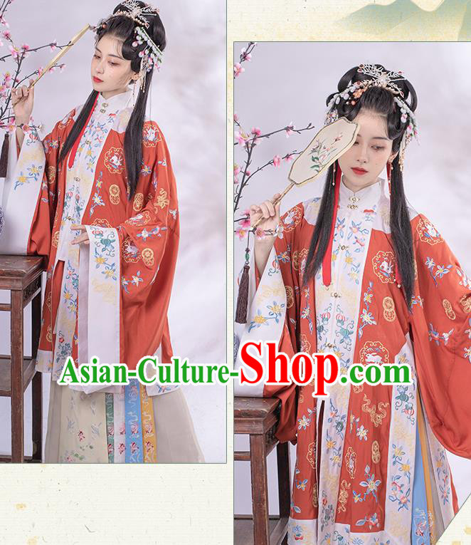 Traditional China Ancient Court Beauty Red Hanfu Dress Embroidered Apparels Ming Dynasty Patrician Lady Historical Clothing