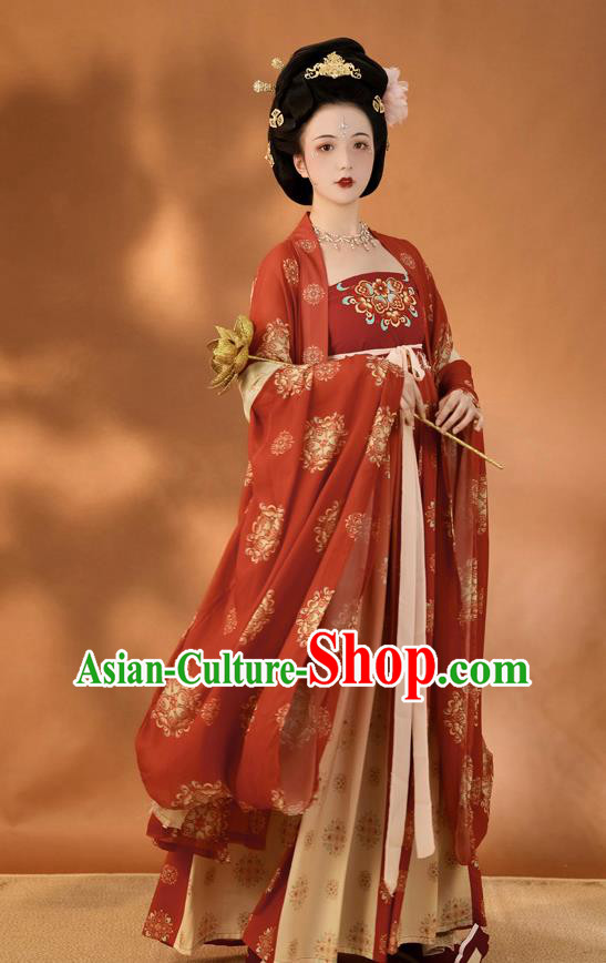 China Ancient Imperial Consort Red Hanfu Dress Traditional Tang Dynasty Court Woman Historical Clothing