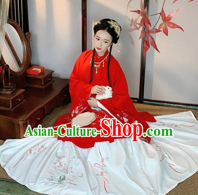 China Ancient Patrician Lady Red Hanfu Dress Traditional Ming Dynasty Historical Clothing Young Beauty Costumes
