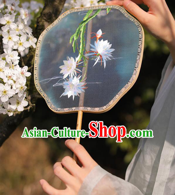 China Handmade Embroidered Epiphyllum Palace Fan Classical Dance Fan Traditional Silk Fan Hanfu Fan