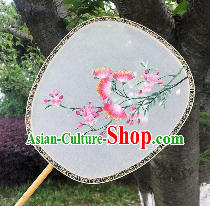 China Handmade Embroidered Albizia Flowers Palace Fan Classical Dance Hanfu Fan Traditional Silk Fan