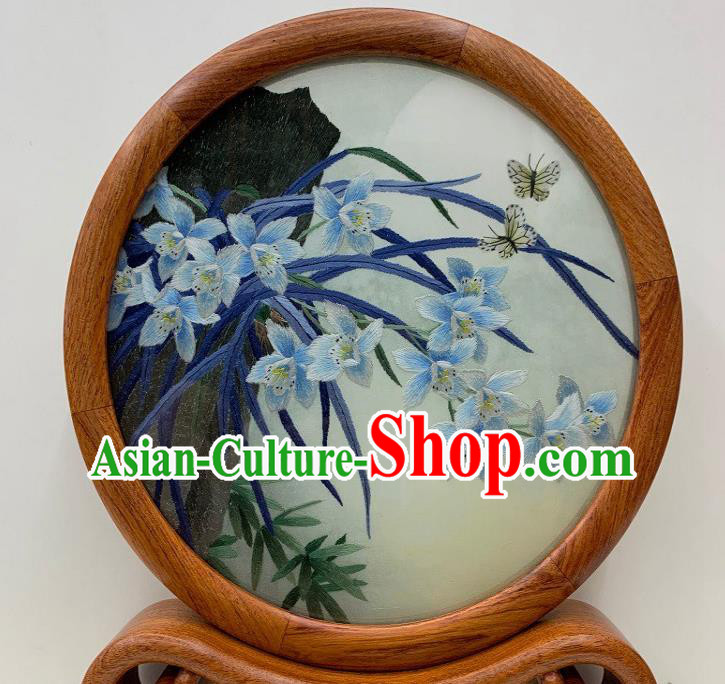 Chinese Embroidered Table Screen Handmade Palisander Craft Traditional Suzhou Embroidery Orchids Ornament