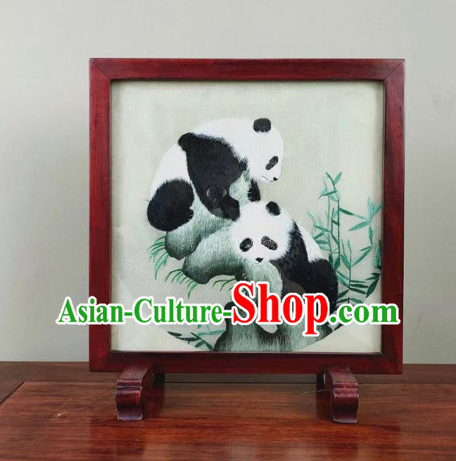 Chinese Handmade Rosewood Ornament Embroidered Panda Table Screen Traditional Embroidery Silk Craft