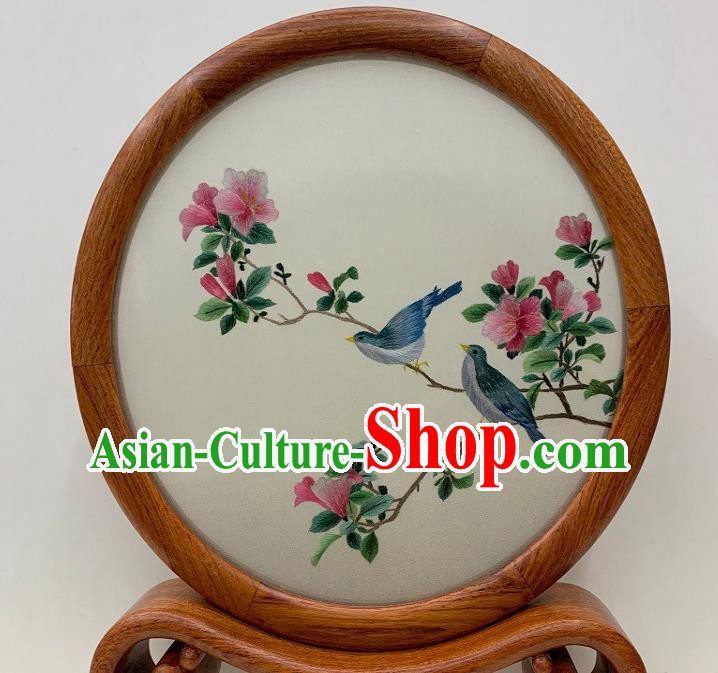 Chinese Suzhou Embroidered Table Screen Handmade Palisander Craft Traditional Embroidery Peach Blossom Desk Ornament