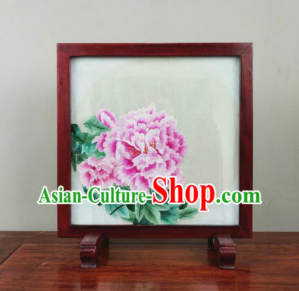 Chinese Suzhou Embroidered Peony Table Screen Traditional Embroidery Silk Craft Handmade Rosewood Ornament