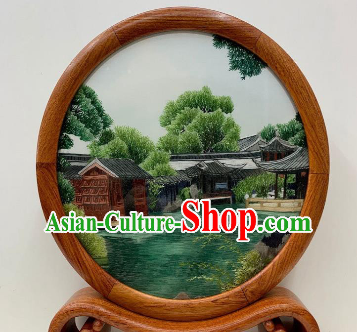 Chinese Embroidered Suzhou Garden Table Screen Handmade Palisander Craft Traditional Embroidery Desk Decoration