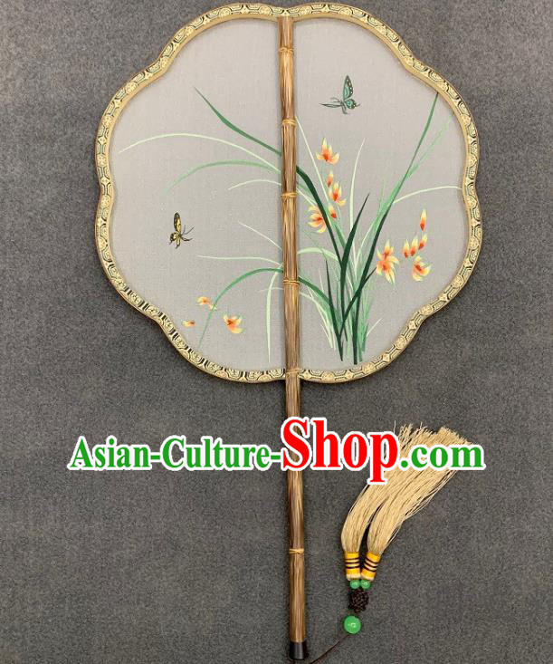 China Traditional Embroidery Orchids Silk Fan Classical Hanfu Bamboo Fan Handmade Embroidered Palace Fan
