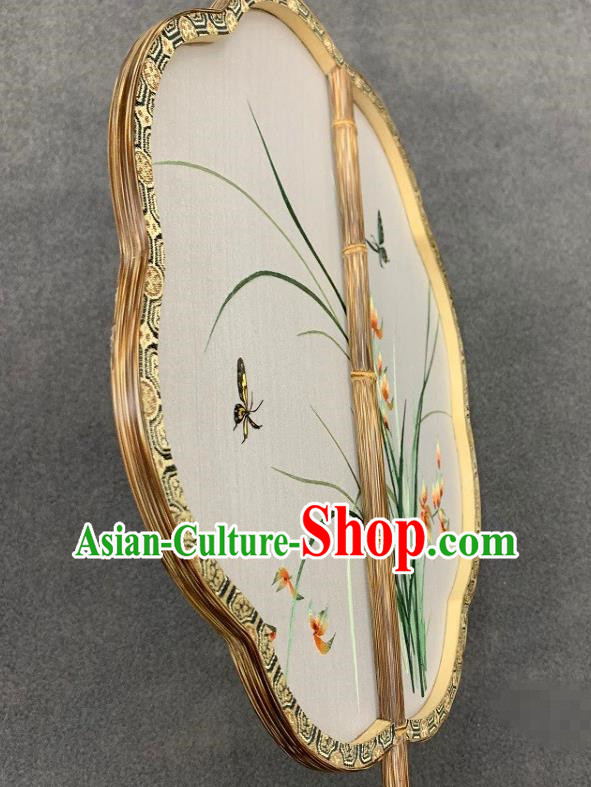 China Traditional Embroidery Orchids Silk Fan Classical Hanfu Bamboo Fan Handmade Embroidered Palace Fan