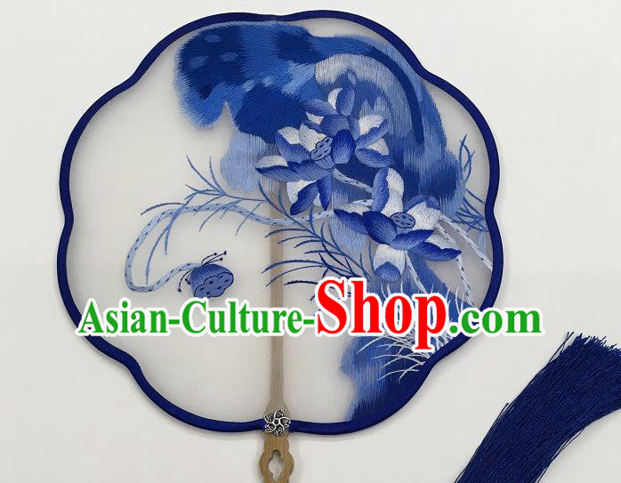 China Handmade Embroidered Blue Lotus Palace Fan Traditional Double Side Embroidery Silk Fan Classical Hanfu Fan