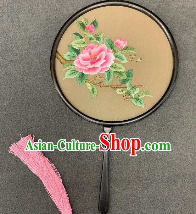 China Handmade Embroidery Peony Palace Fan Double Side Silk Circular Fan