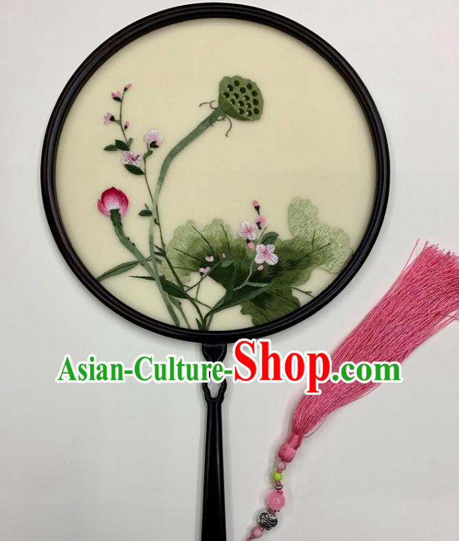 China Handmade Circular Fan Beige Silk Fan Double Side Embroidery Lotus Palace Fan
