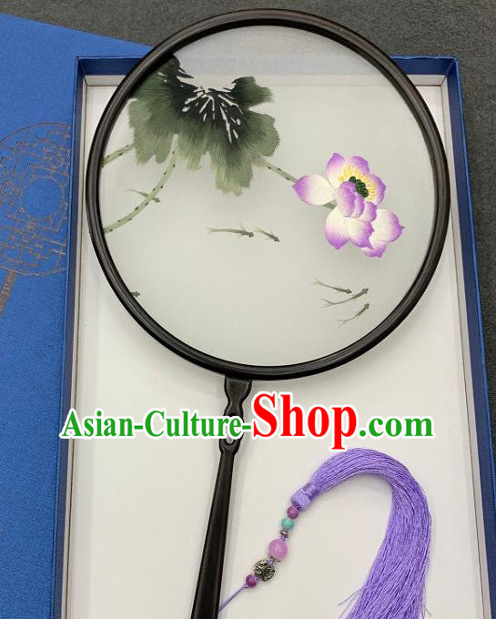 China Traditional Hanfu Silk Fan Handmade Embroidered Palace Fan Double Side Embroidery Lotus Circular Fan