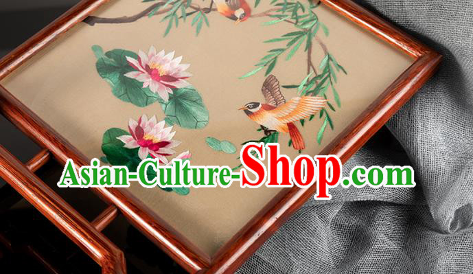 Chinese Traditional Hunan Embroidery Lotus Table Screen Handmade Embroidered Silk Craft Merbau Desk Decoration