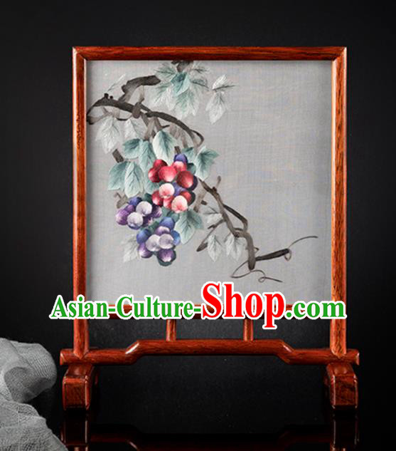 Chinese Merbau Desk Decoration Traditional Hunan Embroidery Grape Table Screen Handmade Embroidered Silk Craft