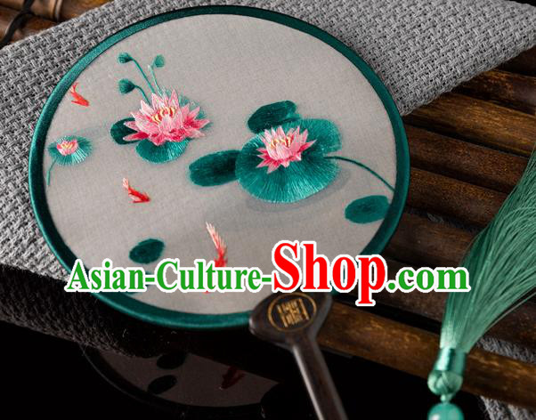 China Handmade Silk Fan Hunan Embroidery Lotus Palace Fan Traditional Hanfu Circular Fan