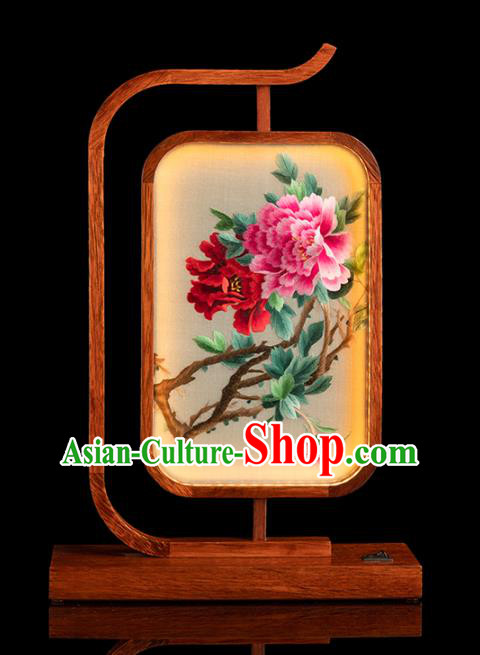 Chinese Handmade Merbau Craft Embroidered Desk Lamp Traditional Hunan Embroidery Peony Table Screen