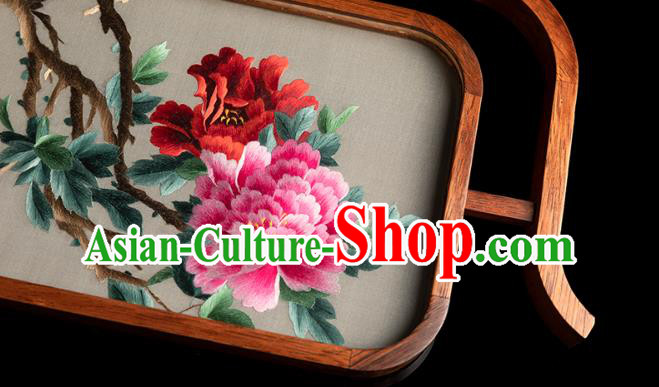 Chinese Handmade Merbau Craft Embroidered Desk Lamp Traditional Hunan Embroidery Peony Table Screen