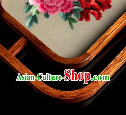 Chinese Handmade Merbau Craft Embroidered Desk Lamp Traditional Hunan Embroidery Peony Table Screen