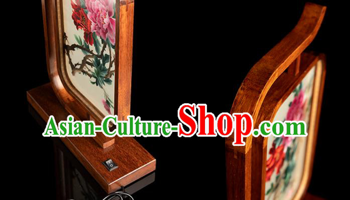 Chinese Handmade Merbau Craft Embroidered Desk Lamp Traditional Hunan Embroidery Peony Table Screen