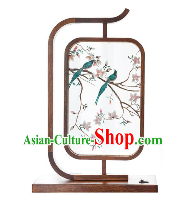 Chinese Embroidered Desk Lamp Traditional Hunan Embroidery Mangnolia Birds Table Screen Handmade Merbau Craft