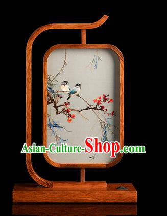 Chinese Handmade Merbau Craft Traditional Hunan Embroidery Plum Birds Table Screen Embroidered Desk Lamp