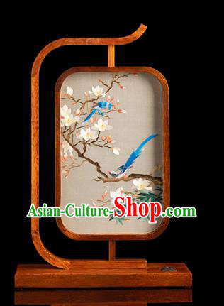 Chinese Traditional Hunan Embroidery Mangnolia Birds Table Screen Handmade Merbau Craft Embroidered Desk Lamp