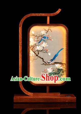 Chinese Traditional Hunan Embroidery Mangnolia Birds Table Screen Handmade Merbau Craft Embroidered Desk Lamp