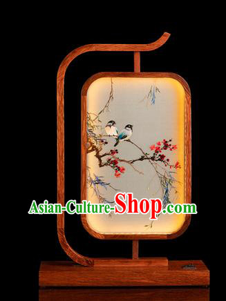 Chinese Handmade Merbau Craft Traditional Hunan Embroidery Plum Birds Table Screen Embroidered Desk Lamp