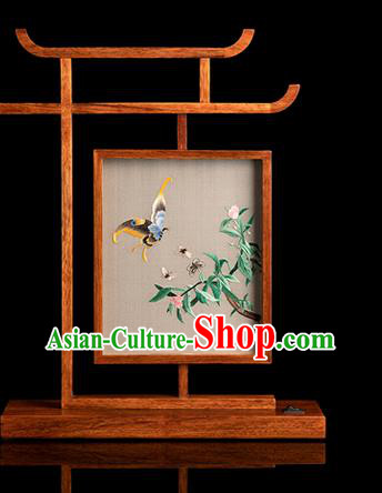 Chinese Handmade Merbau Craft Traditional Hunan Embroidery Butterfly Table Screen Double Side Embroidered Desk Lamp