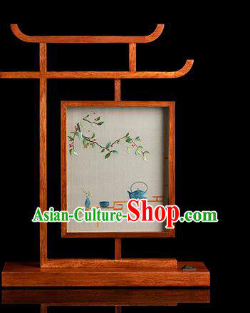 Chinese Traditional Hunan Embroidery Table Screen Handmade Merbau Desk Lamp