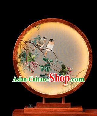 Chinese Traditional Hunan Embroidery Begonia Table Screen Handmade Merbau Circular Desk Lamp