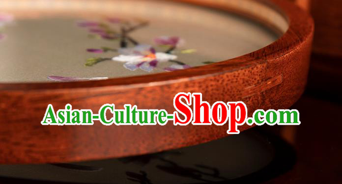 Chinese Traditional Hunan Embroidery Begonia Table Screen Handmade Merbau Circular Desk Lamp