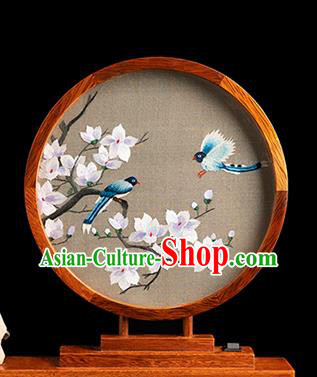 Chinese Handmade Merbau Circular Desk Lamp Traditional Hunan Embroidery Mangnolia Table Screen