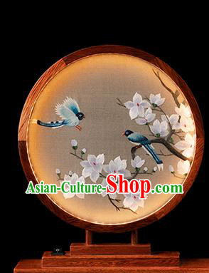 Chinese Handmade Merbau Circular Desk Lamp Traditional Hunan Embroidery Mangnolia Table Screen